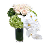 White Rose + Orchid + Hydrangea Vase Arrangement